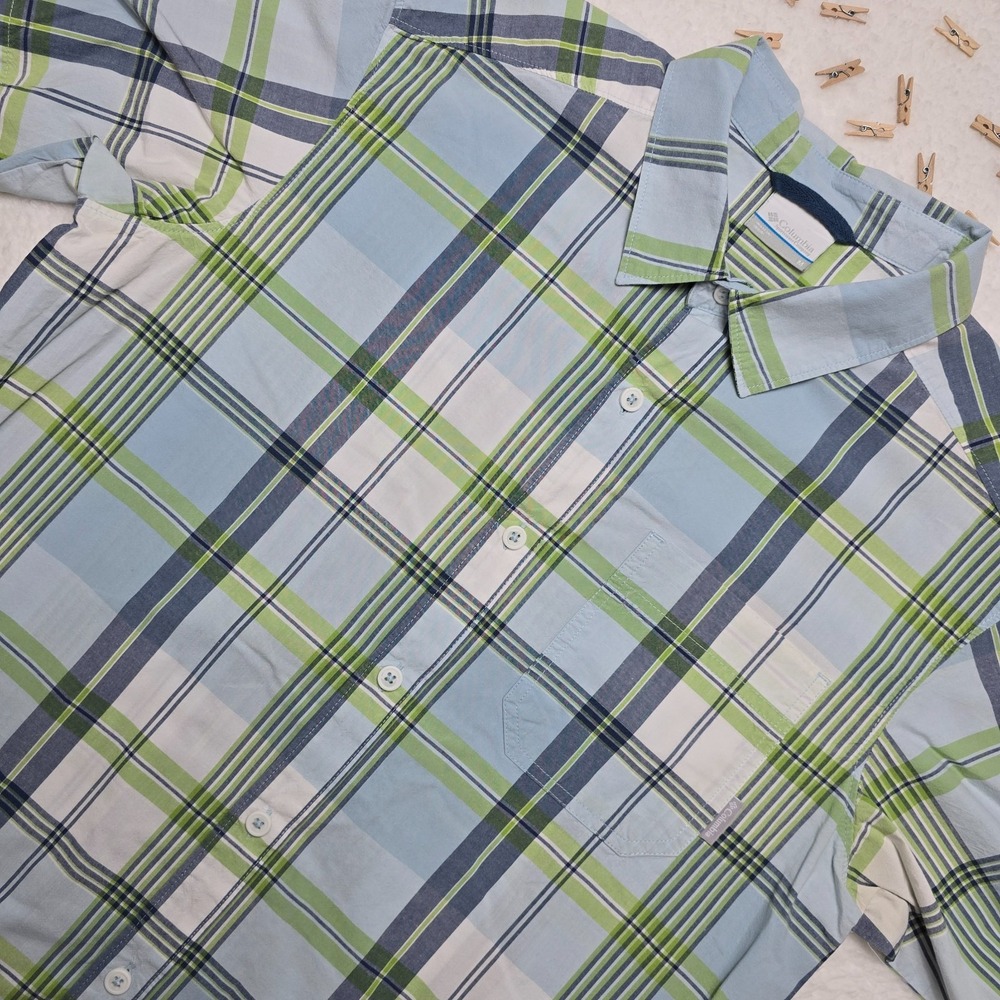 Columbia Mens Plaid Shirt Size M Blue Green Short Sleeve Button‎ Up Outdoor